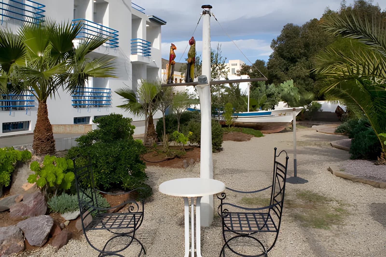 Jardín del hostal con palmeras y mesas